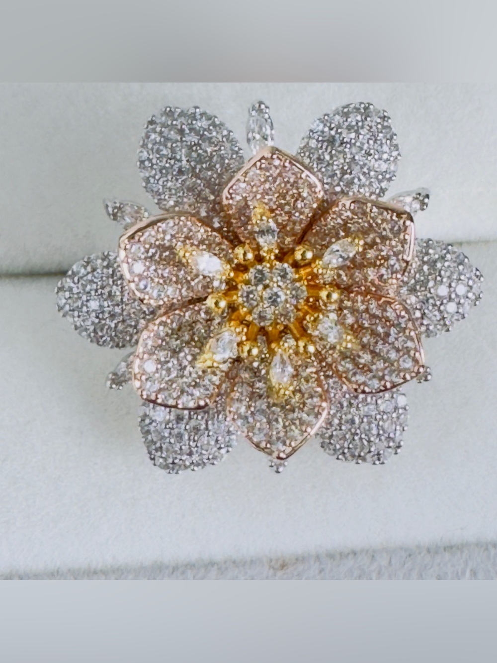 Rose Gold and Silver Floral Crystal Statement Ring